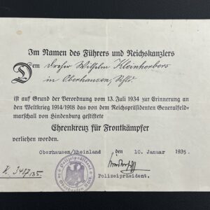 Honour Cross of the World War 1914–1918 with swords [Unidentified manufacturer] Stamp - G1 Set with award certificate