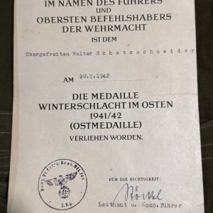 Medal for the Winter Campaign in the East 1941/42 Award set with certificate