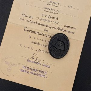 Wound Badge 1939 (second type) in black [Wilhelm Deumer K.G.] Counter-relief Award set with certificate