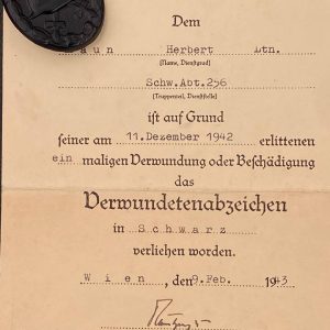 Wound Badge 1939 (second type) in black [Wilhelm Deumer K.G.] Counter-relief Award set with certificate