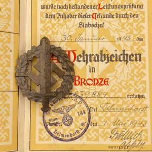  SA Sports Badge model 1933 in bronze     [R.SIEPER & SÖHNE]   Award set with certificate